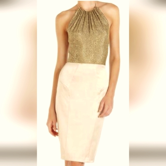 NWT Black Halo Designer Halter Midi Gold and Cream Cocktail...